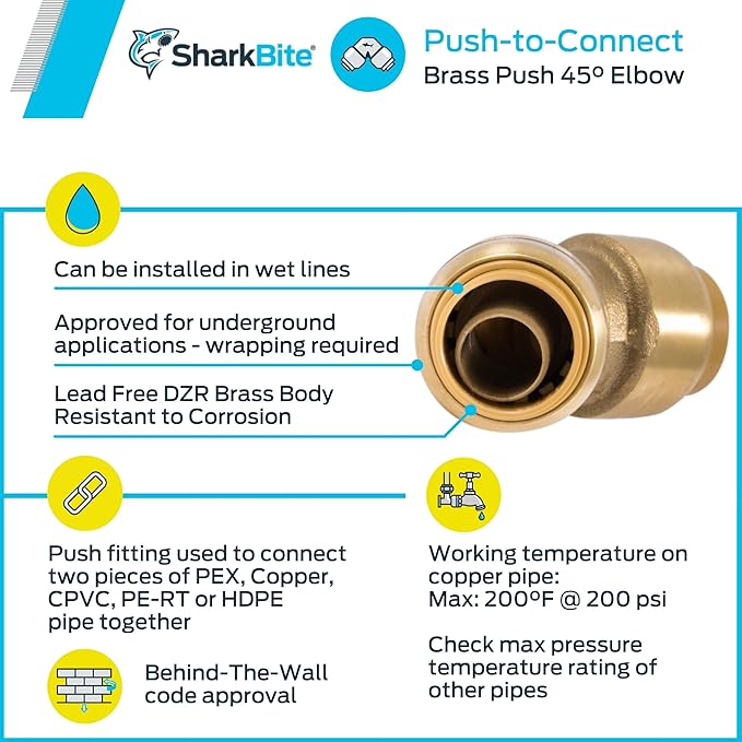 SharkBite 1/2 Inch 45 Degree Elbow, Pack of 6, Push to Connect Brass Plumbing Fitting, PEX Pipe, Copper, CPVC, PE-RT, HDPE, U648LF