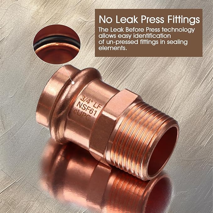 Copper Press Fittings Adapter,12PCS Plumbing 3/4” Press Fittings x 3/4” Male NPT Copper Press Male Adapter Pressure Coppers Fitting, 3/4” Male NPT x 3/4” Press LF Coppers Press Adapter Fittings