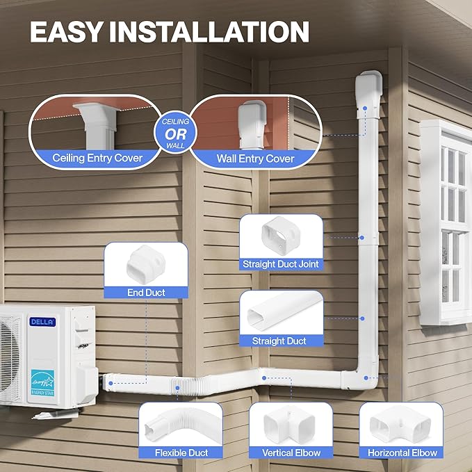 DELLA 4" 16Ft Mini Split Line Set Cover with Flexible Duct, Decorative PVC Lineset Cover Kit, Paintable for Air Conditioner, Central AC, HAVC & Heat Pumps Systems Tubing Cover, White