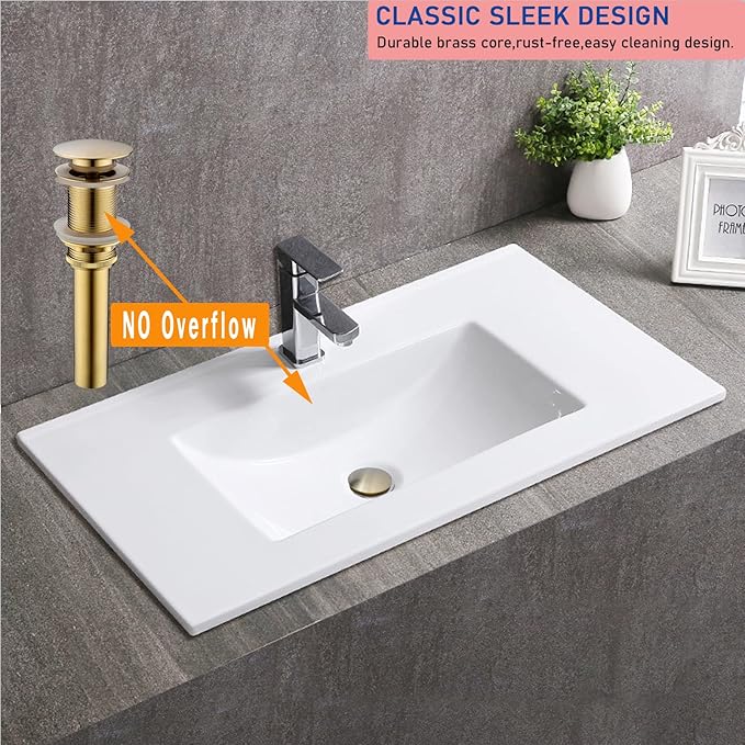 Bathroom Pop Up Drain Without Overflow, Bathroom Sink Push Pop Up Assembly Vessel Drain Without Overflow. (Brushed Gold)
