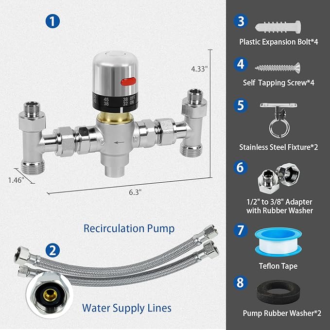 WASSERMANN Adjustable Temperature Sensor Valve Kit for Instant Hot Water Recirculating System，304 Stainless Steel Bypass Sensor Valve Replacement for the Plastic Sensor Valve