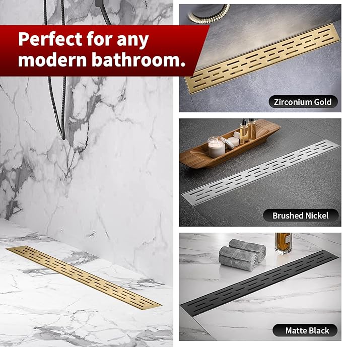 Sharp-tec Linear Shower Drain, 36 inch Shower Drain with Removable Pattern Cover, Brushed Gold 304 Stainless Steel Rectangle Floor Drain, Adjustable Feet and Hair Strainer Included (Model 101)
