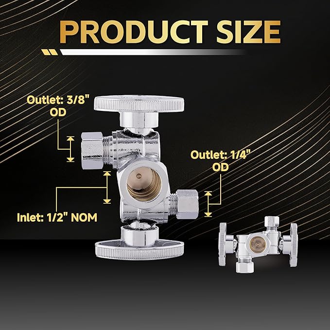 2-Pack Foskan Dual Compression 1/4 Turn Angle Stop Valve with 2 Shut Off Valve/Handles,1/2" NOM (5/8" OD) x 3/8" OD x 1/4" OD,Chrome Plated Brass