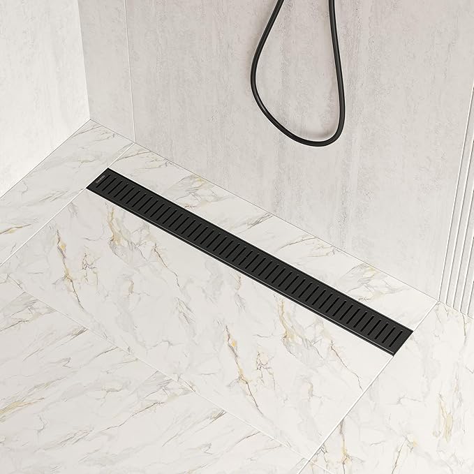 Neodrain 28" Matte Black Bathroom Linear Shower Drain with Removable Capsule Pattern Grate, 304 Stainless Steel Shower Floor Linear Drain- CUPC Certified with Hair Strainer