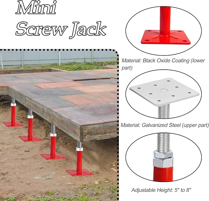 House Jacks for Leveling, 5-8" Mini Screw Jack Adjustable Deck Supports, Floor Joist Support Jack Stands, House Leveling Jacks for Floor, Post, Deck Foundation, Porch, Roof, Staircase