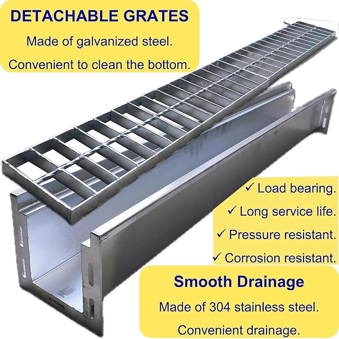 304 Stainless Steel Channel Drain with Galvanized Steel Grate 39.4x5.9x5.5 in, B-Class 28100 lbs Heavy-Duty Drain Kit for 3" Pipe, Trench Drainage System for Outdoor, Driveway, Garage, Yard
