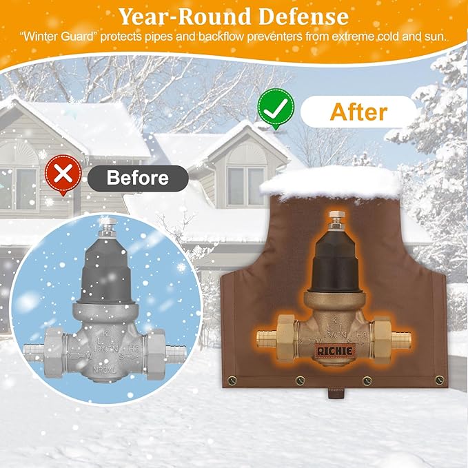Backflow Preventer Insulated Cover (5°F) for Winter Freeze Protection, 14"W x 13"H Thickened Pressure Reducing Value & Well Pump Cover, Outdoor Waterproof Insulation Pouch for Sprinkler Valve, Brown