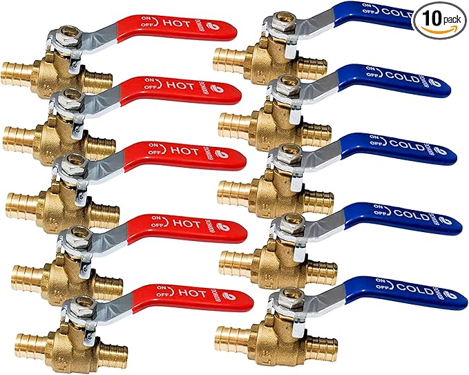 3/4" Pex Brass Ball Valve - Pex Fittings 3/4 Inch - 3/4 Pex Shut Off Valve - Crimping Tool - Fittings 3/4 Inch - Water Hose Shut Off Valve - Crimp Brass Ball Valve Hot Cold (Pack of 10)