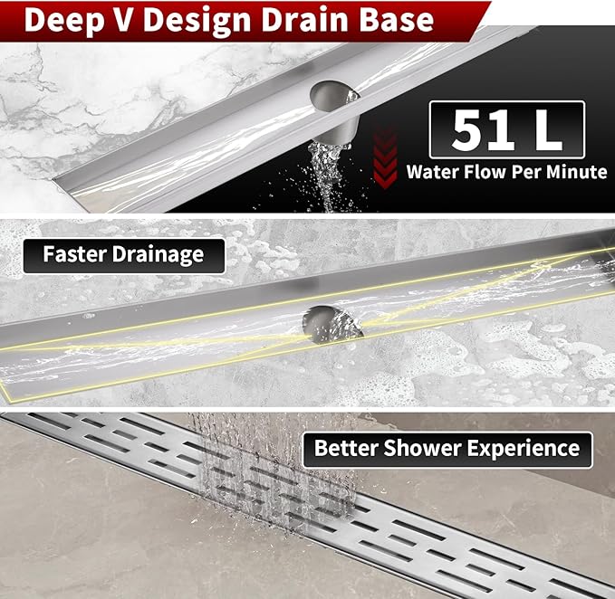 Sharp-tec Linear Shower Drain, 36 inch Shower Drain with Removable Pattern Cover, Brushed Nickel 304 Stainless Steel Rectangle Floor Drain, Adjustable Feet and Hair Strainer Included (Model 101)