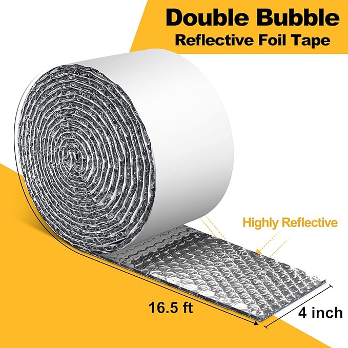 Double Bubble Reflective Foil Insulation Tape, Self-Adhesive Ac Pipe Insulation Wrap for AC Hose, HVAC Duct, Exhaust Hose, Bubble Wrap Insulation for Weatherproof Attics, Windows, Garages - 4 inch