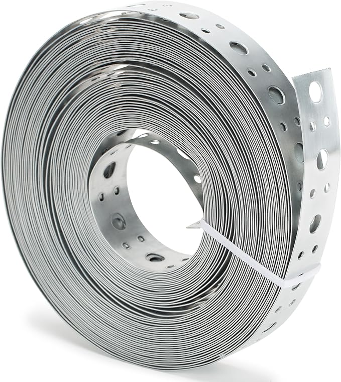 Galvanized Metal Strap 1-Inch x 50Feet, 23-Gauge Pipe Hanger Strap Metal Strapping with Holes Plumbers Strap DIY Cutting for Pipe Supports Hanging