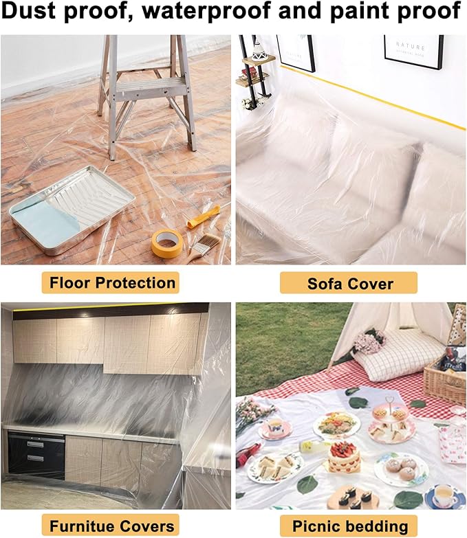 Muf 2 x 65 Feet Plastic Drop Cloth Plastic Sheeting with Masking Tape,Waterproof Protective Masking Film,Prevent Dust Paint for Car,Furniture,Carpet,Floor,2 Pack