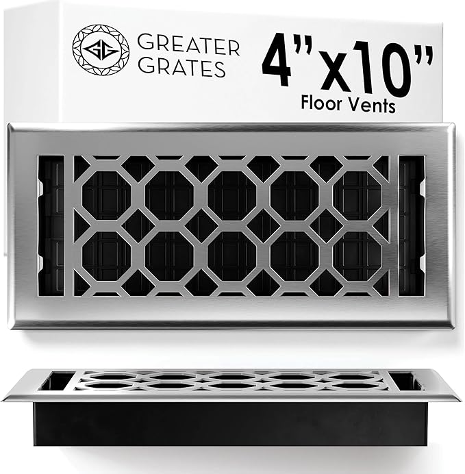 Floor Register 4x10 Vent Cover – Heavy-Duty Steel, Rustproof & Walkable Grates, Easy Drop-in Install, Adjustable Air Supply Switch - Decorative Honeycomb Design, Brushed Nickel