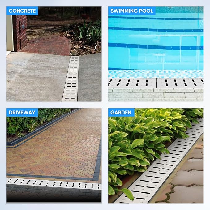 FAHKNS 5 Pack Trench Drain System, HDPE Channel Drainage with 304 Stainless Steel Metal Grate, Durable Garage Flooring Drain for Driveway, Garden, Patio, Pool Deck, Easy to Install
