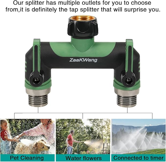 Full Flow Heavy Duty Two - Way Hose Splitter, Rugged Garden Faucet Adapter, Spout Diverter T - Way Adapter with Extended Handle, 3/4” GHT Thread, Green
