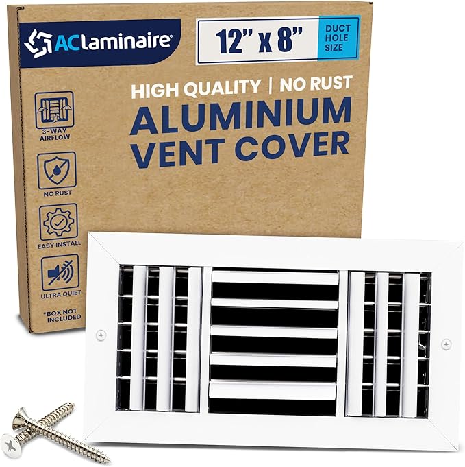 12x8 Inch (Duct Opening) Aluminum 3-Way Air Flow Vent – HVAC Vent Cover for Wall or Ceiling – Quiet HVAC Wall Register with Multi-Shutter Damper – Adjustable Curved Blade - Plastic Seal for Tight Fit