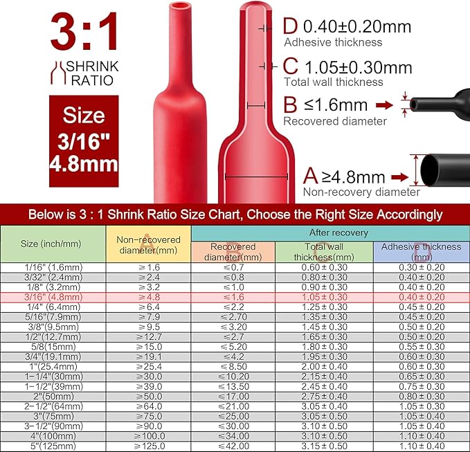 Chanzon 3:1 Ratio 3/16" (4.8mm) Heat Shrink Tubing - Marine Grade Waterproof Adhesive Lined - 8Ft Roll (2.5M Total Length) Red Polyolefin Sleeving Wrap Shrinking 3 to 1 Ratio 1pcs