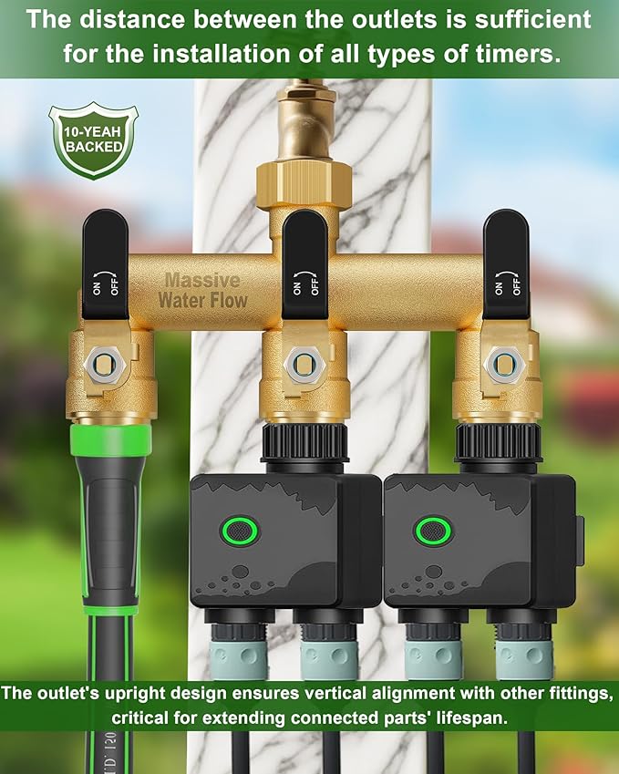 3 Way Hose Splitter, Heavy Duty Full Flow Garden Water Hose Bib Spigot Splitter, Brass Rust and Freeze Resistant Outdoor Faucet Splitter, T Adapter Connector with 3/4 - Inch GHT Thread （Black）