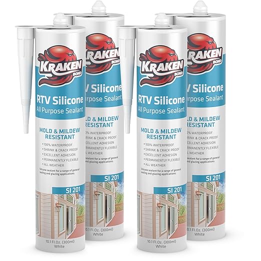 Kraken Bond White Silicone Sealant Waterproof%100-10 fl oz Cartridge - RTV Silicone Caulk Bathroom and Kitchen, All Purpose, Window Caulking Sealant Outdoor, RV, Exterior Use Silicon - 4 Pack