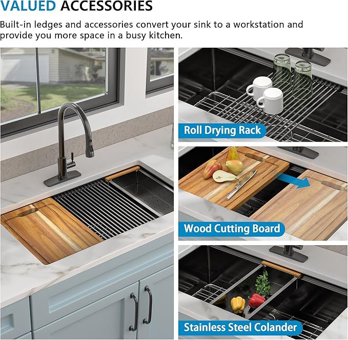 30 Undermount Kitchen Sink Black - Fulorni 30"x19" Kitchen Sink Ledge Workstation Gunmetal Black NANO-PVD 16 Gauge 304 Stainless Steel Under Counter Single Bowl Basin