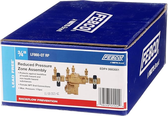 Febco LF860 Series 3/4" Lead-Free Bronze Reduced Pressure Zone Backflow Preventer Assembly, Quarter Turn Shutoff, Small Diameter, Spring-Loaded Check Valves, Water Line and Irrigation System