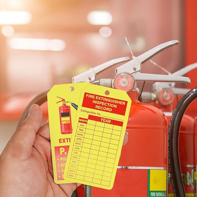 160 Sets Fire Extinguisher Tags with Adjustable Wire Ties Monthly Inspection Record Tags for Indoor Outdoor 4.2 x 2.1 Inch Yellow