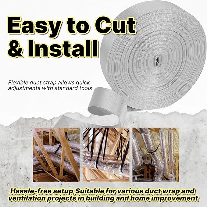 Heavy Duty Duct Strap – 1.95 in x 49 ft Grey Nylon Strapping for HVAC Duct, Durable Wrap Support Band for Building & Home Improvement