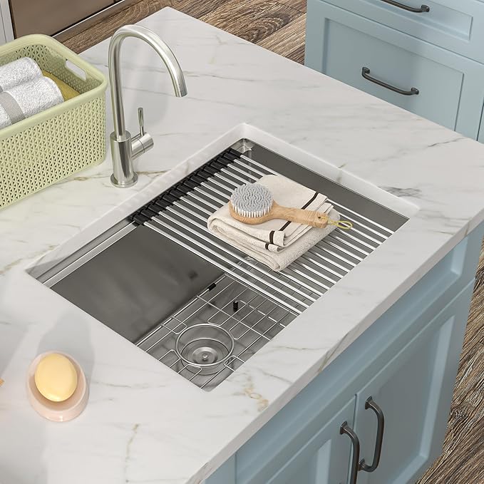 24"x18" Undermount Laundry Utility Sink Workstation – 16 Gauge 304 Stainless Steel, 13 Inch Deep Single Bowl Under Counter Sink Basin for Laundry Room, RV or Utility Use