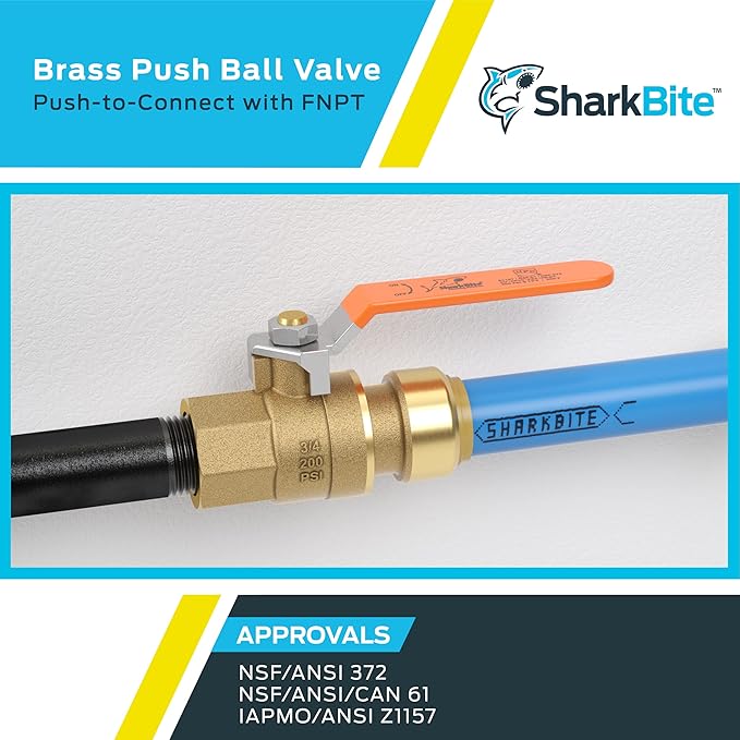 SharkBite 3/4 x 3/4 Inch Ball Valve with FNPT Connector, Push to Connect Brass Plumbing Fitting, PEX Pipe, Copper, CPVC, PE-RT, HDPE, 22186-0000LF