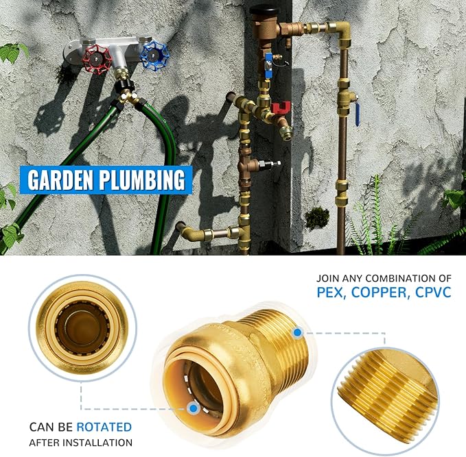 SUNGATOR 1-Inch by 1-Inch Push Fit Male Adapter, Straight Connector Plumbing Fitting, Push-to-Connect Copper, PEX, CPVC, No Lead Brass Pipe Fittings with Disconnect Clip (2-Pack)