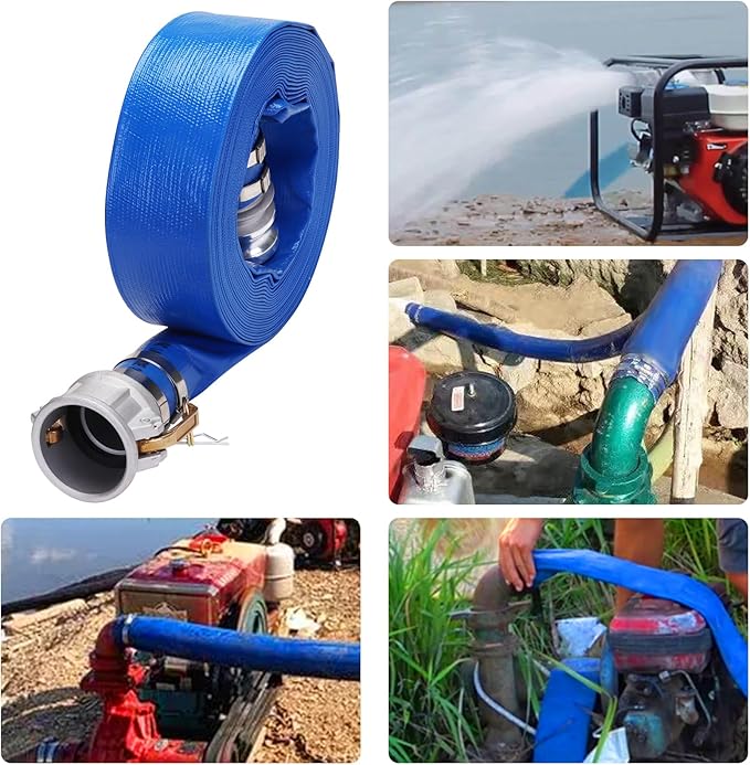 Lay-Flat Pool Backwash Hose - 2" x 100Ft with Aluminum Camlock C & E Fittings Reinforced Heavy Duty PVC Discharge Hose Weather-Proof Vinyl Pool Drain Hose for Water Transfer