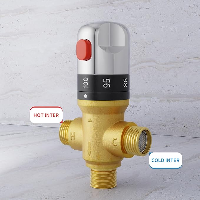 Thermostatic Mixing Valve with 1/2 NPT Male Connection, Water Temperature Constant Control Valve, Fahrenheit Scale Mark, Solid Brass,Golden