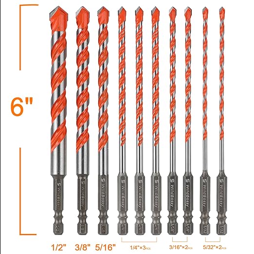Concrete Carbide Drill Bits Hex Shank Masonry Cement Tile Drill Bit Set for Glass/Brick/Plastic/Cement/Tile 5/32" (10PCS)
