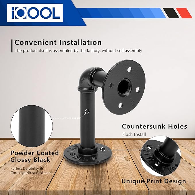 ICOOL 10 Pack 7" Industrial Pipe Shelf Bracket, Heavy-Duty Unibody Shelf Bracket for 8 10 12 14 inches Board, Rustic L Floating Shelf Supports for Home