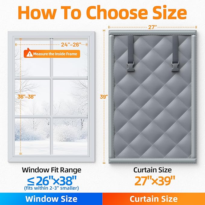 Window Insulation for Winter 27”×39” Windows Insulation Kit Thermal Insulated Window Cover Fit Max Size 26”×38”with Hook & Loop Insulated Curtains for Winter Windows Blanket in Bedroom Attic RV - Gray
