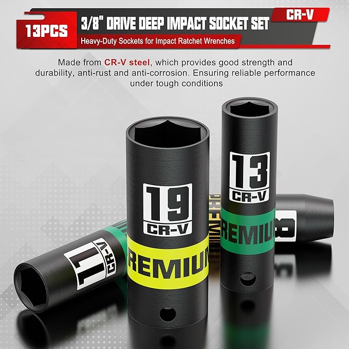 13-Piece 3/8" Drive Deep Impact Socket Set, 7-19mm, CR-V, 6 Point, Heavy-Duty Sockets for Impact Wrenches, Automotive and Home