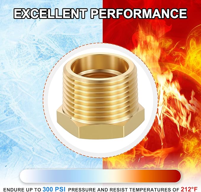 3 Pack Male to FeMale Adapters, 3/4" Male NPT x 1/2" FeMale NPT Brass Hex Bushing Reducer for Industrial, Automotive, Fluid Transfer, Home Gardening, Water Treatment