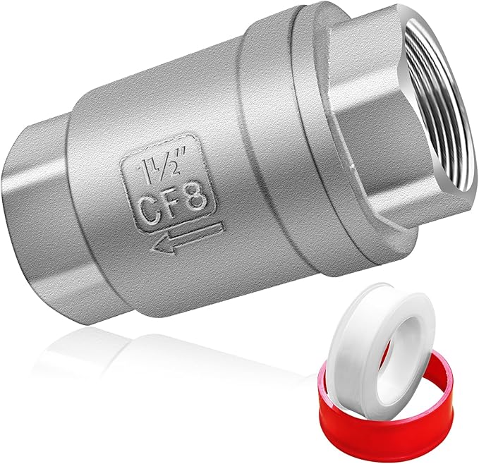 Boltigen 1-1/2 inch Spring Check Valve, 304 Stainless Steel CF8 Non Return One Way Horizontal Check Valve, Vertical Inline Water Check Valve for Well, Pump, Tank, Backflow Prevention, WOG 1000