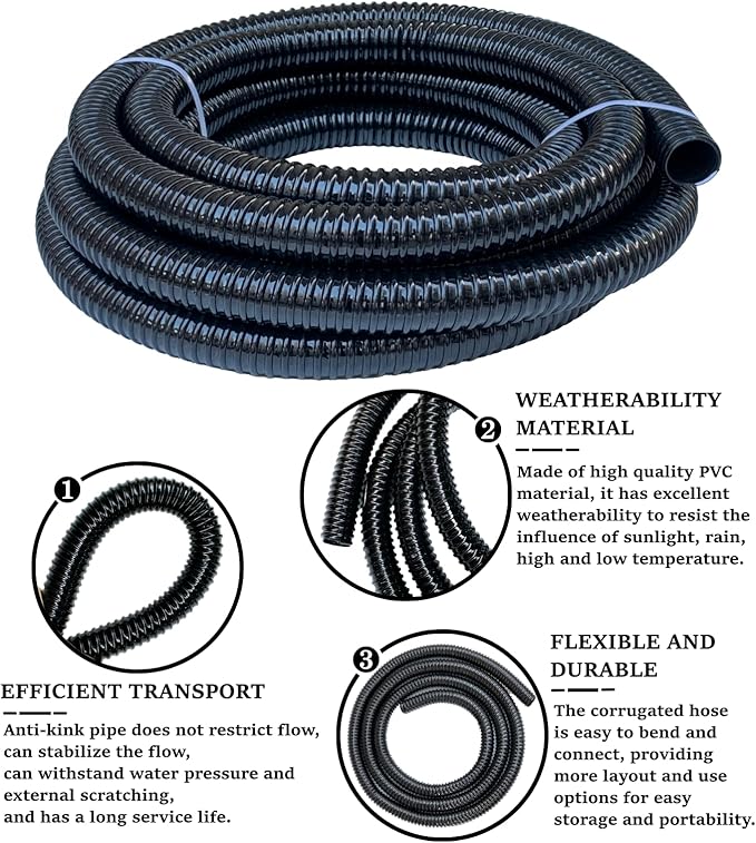 Pond Tubing 1 1/4"Id Black Plastic Corrugated Water Hose Strong Flexible Sump Pump Drain Hose Pipe 10Ft