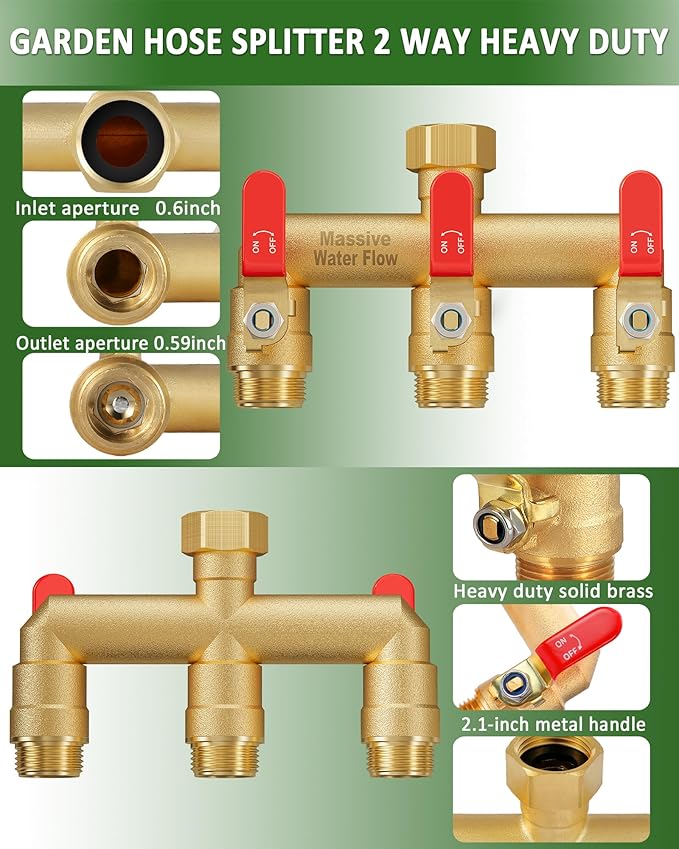 3 Way Hose Splitter, Heavy Duty Full Flow Garden Water Hose Bib Spigot Splitter, Brass Rust and Freeze Resistant Outdoor Faucet Splitter, T Adapter Connector with 3/4 - Inch GHT Thread （Red）