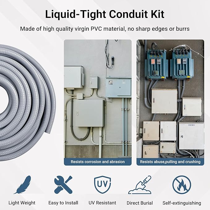 3/4 Inch 50FT Liquid Tight Conduit and Connector Kit, Flexible Non Metallic Electrical Conduit, with 5 Straight and 5 Angle Fittings, Suitable for Outdoor Lighting