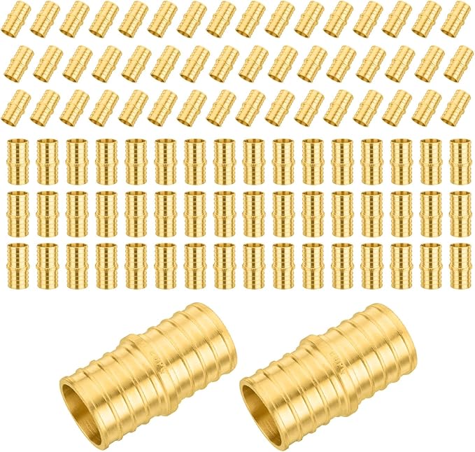 100-Pack PEX Fittings Niikappu 1"x1" Pex Straight Coupling, Brass Crimp Pipe Fittings for PEX Pipes, ASTM F1807
