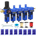 3/8'' NPT 5 Stage Air Drying System,5 &0.5 &0.01 Micron Filter Cartridge,Double Desiccant Dryers & Air Regulator,Metal Bowl, Semi-Auto Drain,Industrial Grade-Blue