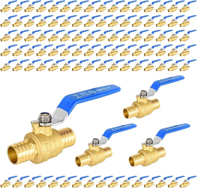 100-Pack Foskan 1 Inch PEX Crimp Full Port Ball Valve with Blue Handle, Brass Quarter Turn Shut-off Valve for PEX Tubing