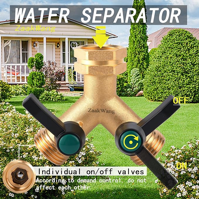 Heavy Duty Solid Brass Y-Way Distributor, 3/4" GHT Thickened Hexagonal Water Inlet, Garden Faucet Splitter, Hose Splitter with 2 More Colors Comfortable Extension Handles.