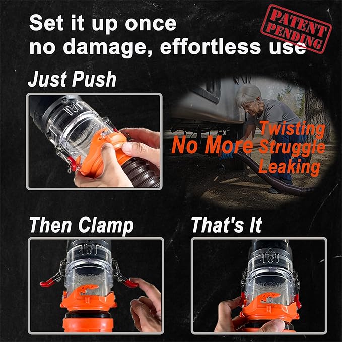 FULL SET RV Sewer Hose Connector – Patented Push-Lock + Clamp-Lock System, Leak-Proof Stainless Steel Adapter, One-Time Install, Quick Connect RV Waste Hose Fitting