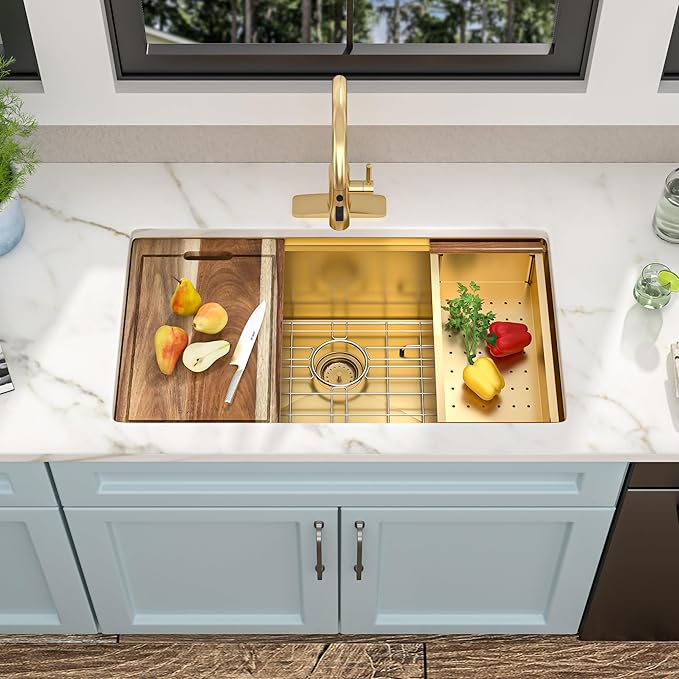 30 Undermount Kitchen Sink Gold - Fulorni 30"x19" Kitchen Sink Brushed Gold NANO-PVD Ledge Workstation 16 Gauge 304 Stainless Steel Under Counter Single Bowl Basin