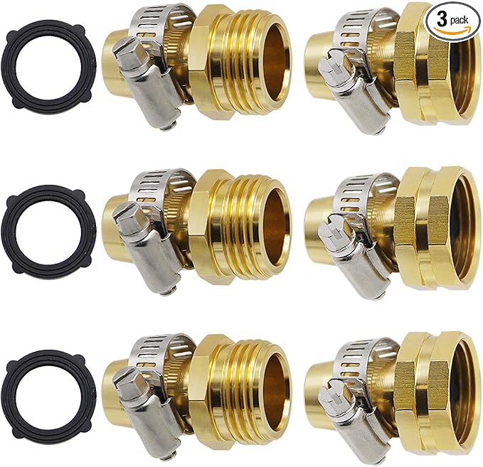 Triumpeek Garden Hose Repair Connector with Clamps, Set of 3 Aluminum Water Hose End Replacement Fit for 3/4" and 5/8" Garden Hose Fittings