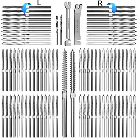 Steel DN Mate 200 Pack T316 Stainless Steel Right&Left Handed Thread Swage Lag Screws for Wood Post of 1/8" Steel Cable Railing Kit, Cable Railing Hardware, DIY Deck Railings, Wrench Include, DM50