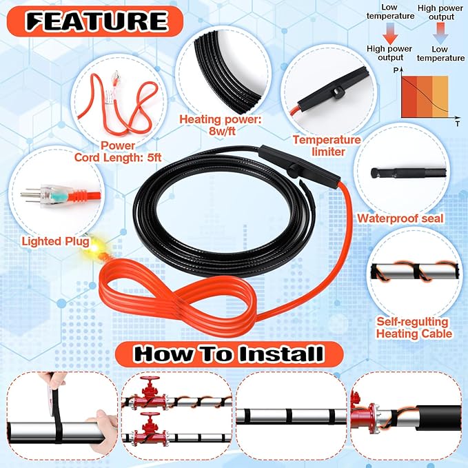6 ft Heat Tape for Water Pipes, Self Regulating Heating Cable with Built-in Thermostat, Freeze-Protected Water Heating Trace Cable for Metal & Plastic Pipes, 120v, 8w/ft